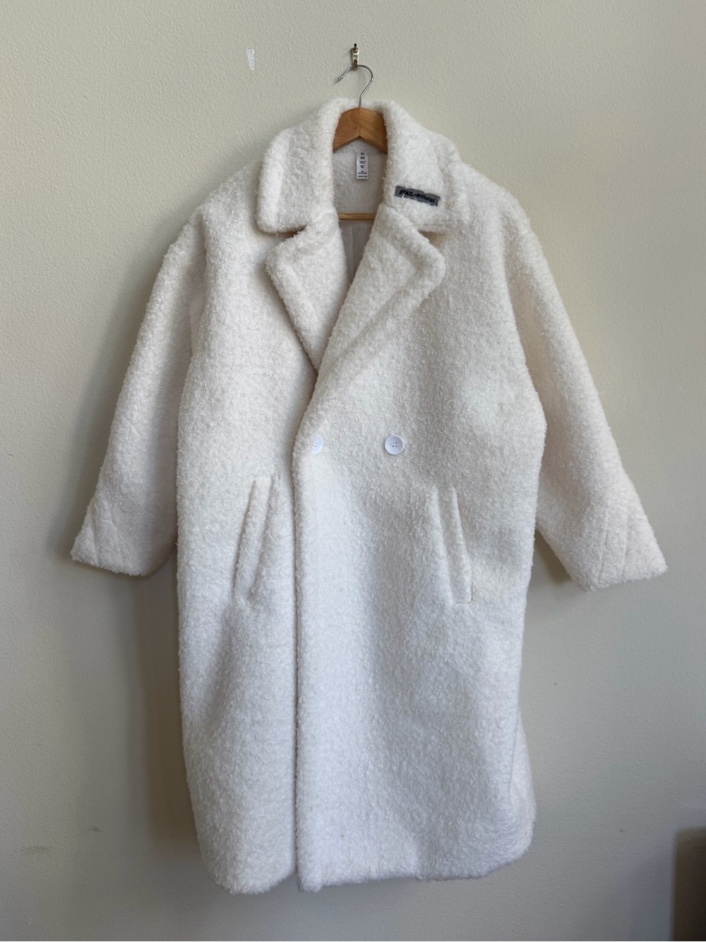 STAX Official Oversized Teddy Coat Long Faux Fur Sherpa Jacket White Cream XS